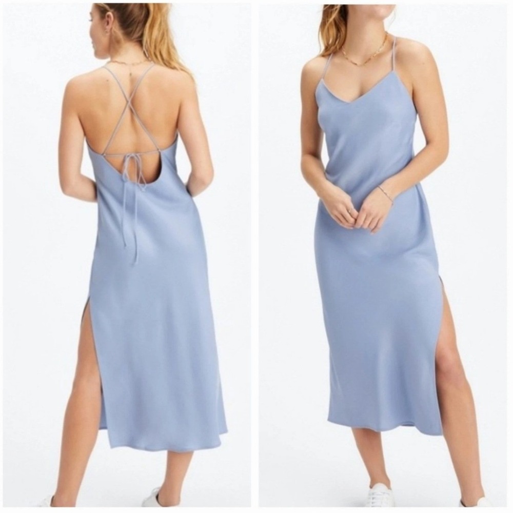 Fabletics Satin Slip Dress Womens XS Lace Up Back Side Slit Blue Cocktail Midi